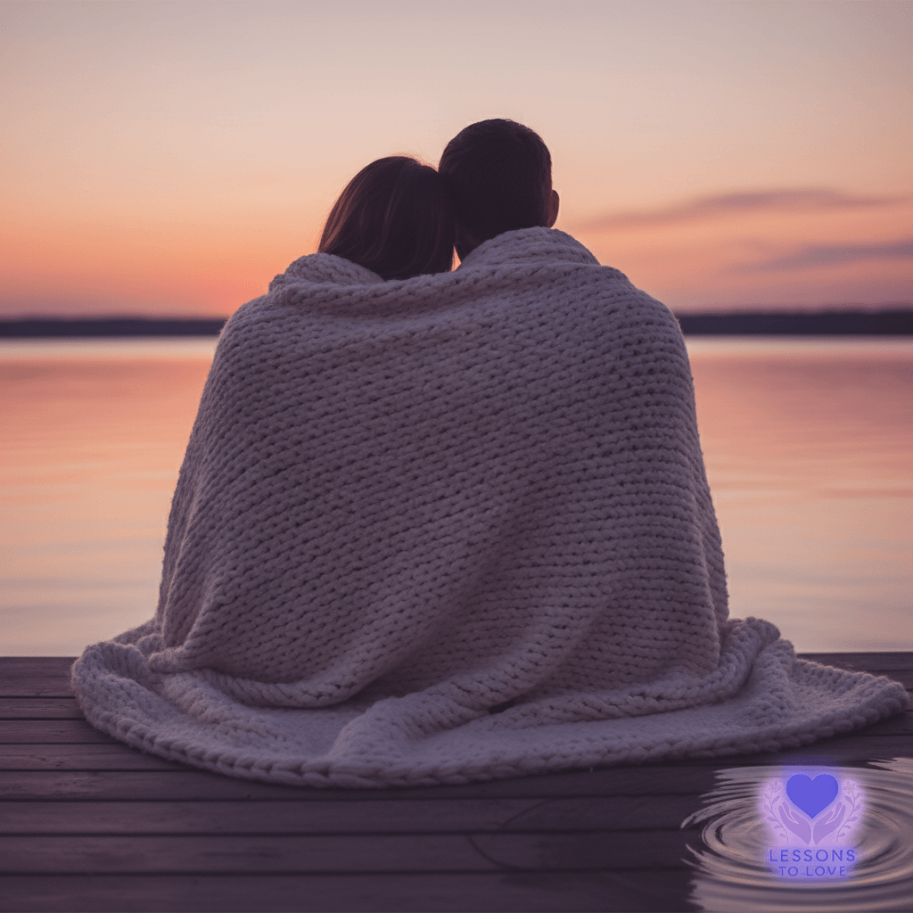 A husband and wife wrapped in a blanket, creating a sanctuary of intimacy as they watch a sunset, the third pillar of a secure and loving marriage.