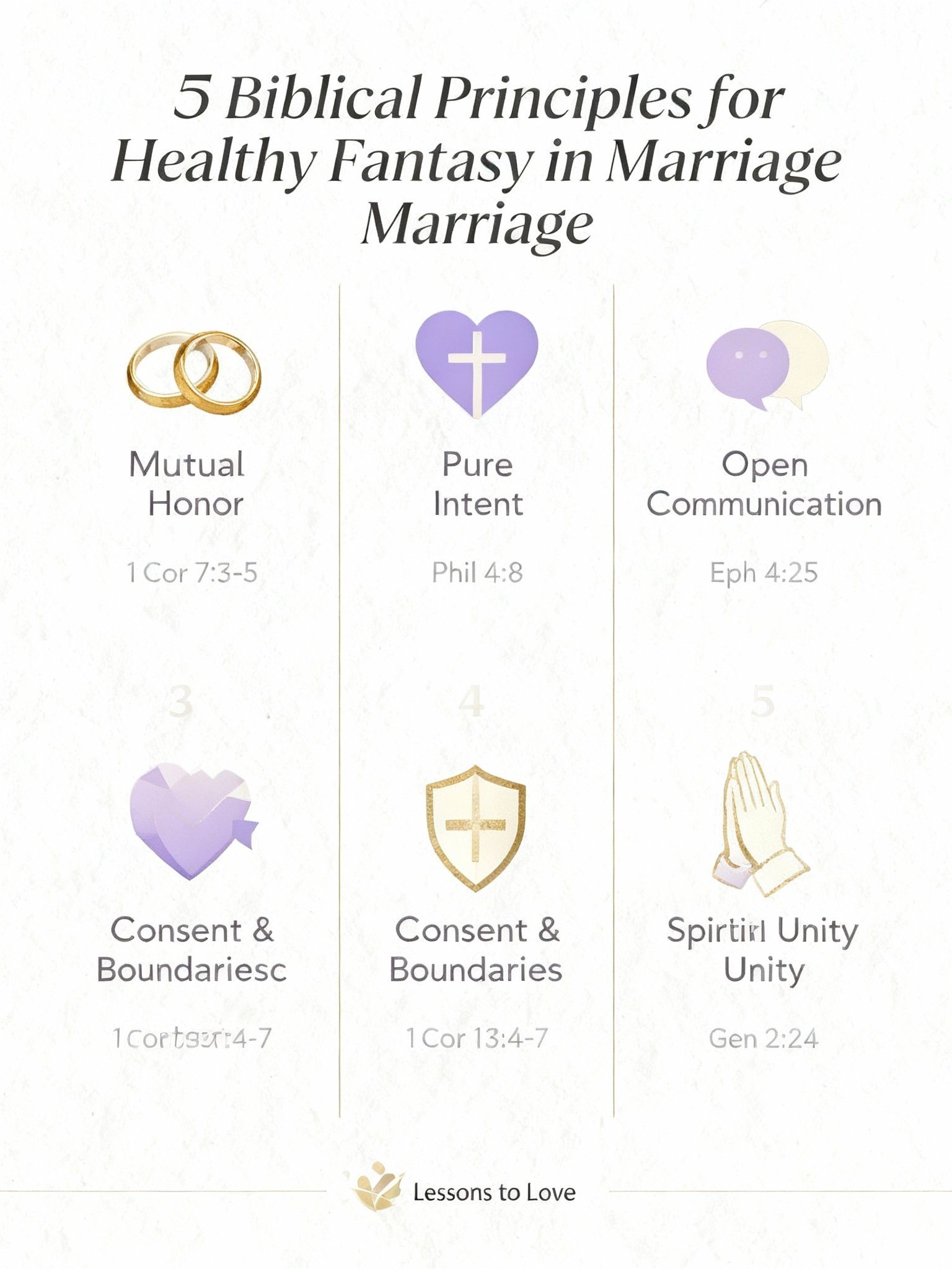 Infographic showing 5 biblical principles for healthy fantasy in Christian marriage including mutual honor, pure intent, communication, consent and spiritual unity.