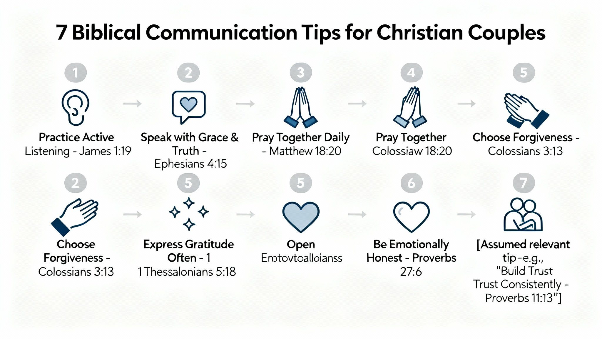 Infographic showing 7 biblical communication tips for Christian couples with scripture references and practical strategies