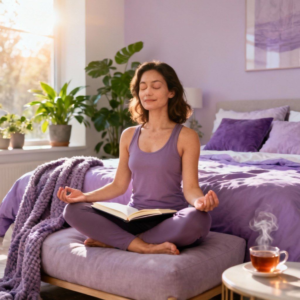 Woman practicing self-care and sexual wellness through meditation and journaling representing personal pleasure exploration and mental health