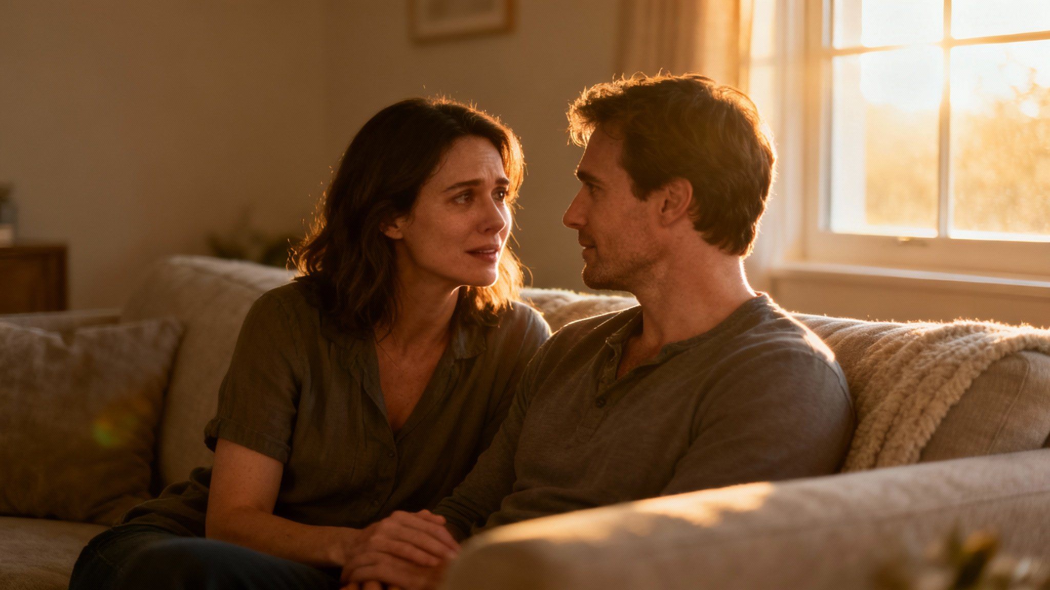 Hopeful couple sitting together having honest vulnerable conversation representing recovery healing and rebuilding intimacy after pornography impact on relationship