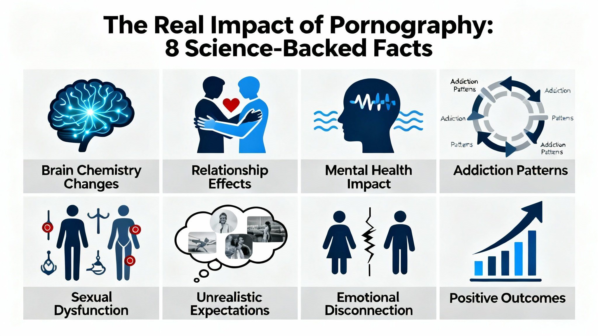 Infographic showing 8 science-backed facts about pornography impact including brain chemistry changes, relationship effects, mental health, addiction patterns, sexual dysfunction, and recovery pathways