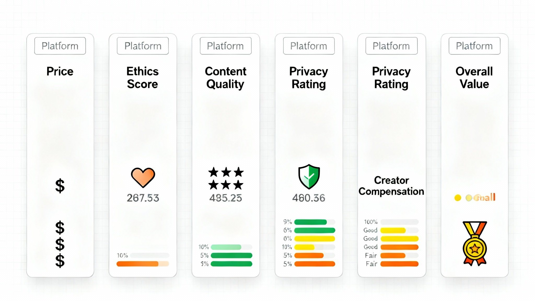Comprehensive comparison chart showing ratings for adult content platforms including price, ethics, quality, and privacy scores