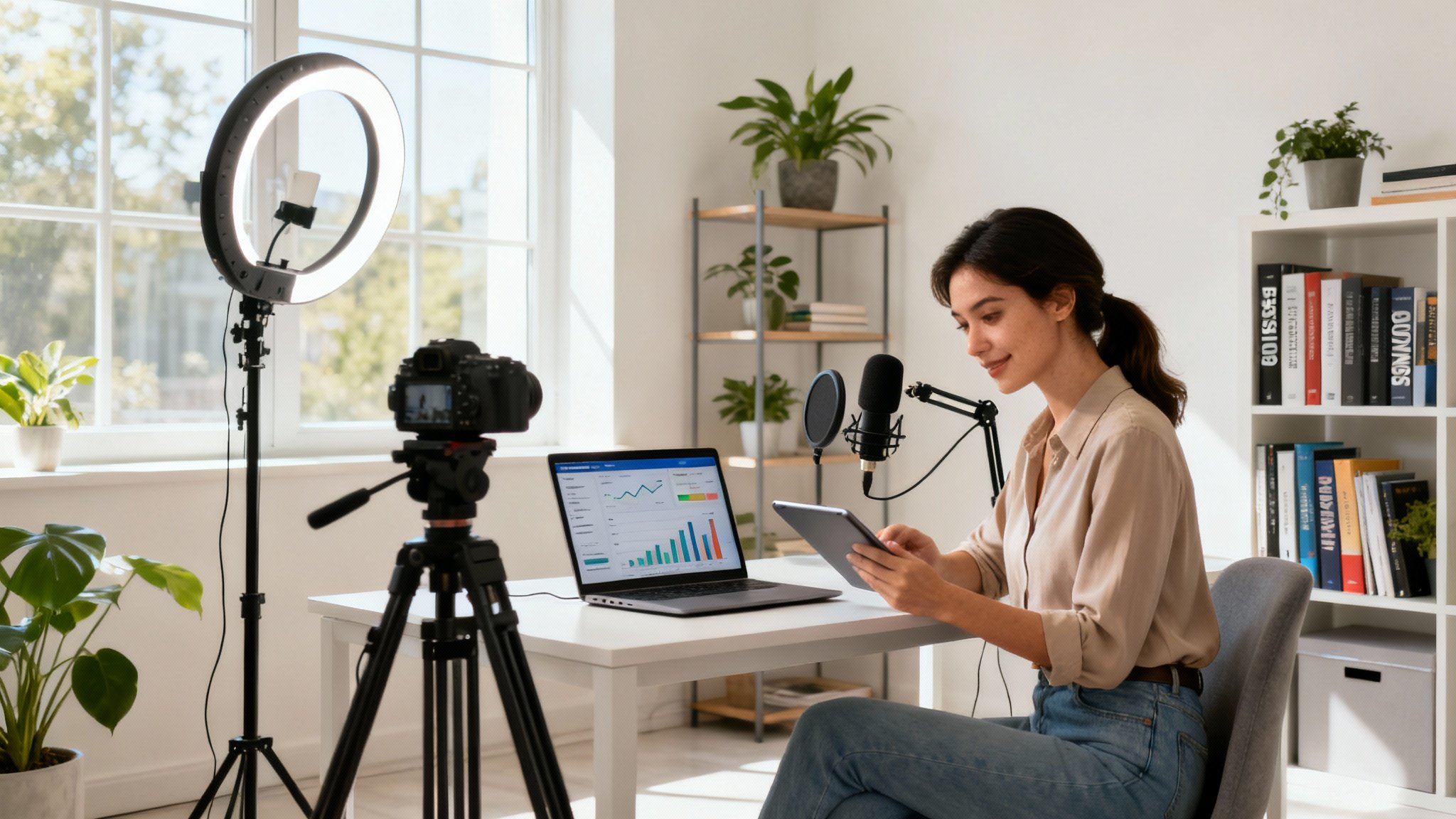 Professional content creator in modern home studio representing the shift to creator-owned platforms in adult entertainment industry