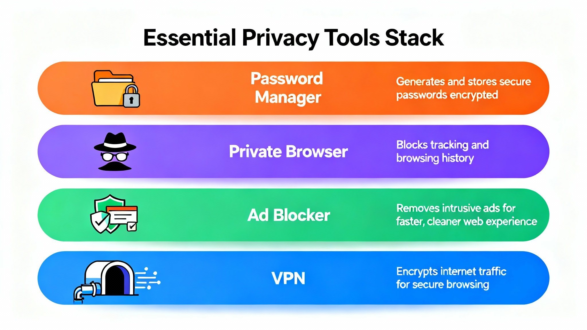 Infographic showing essential privacy tools stack for adult content including VPN, private browser, ad blocker, and secure payment methods