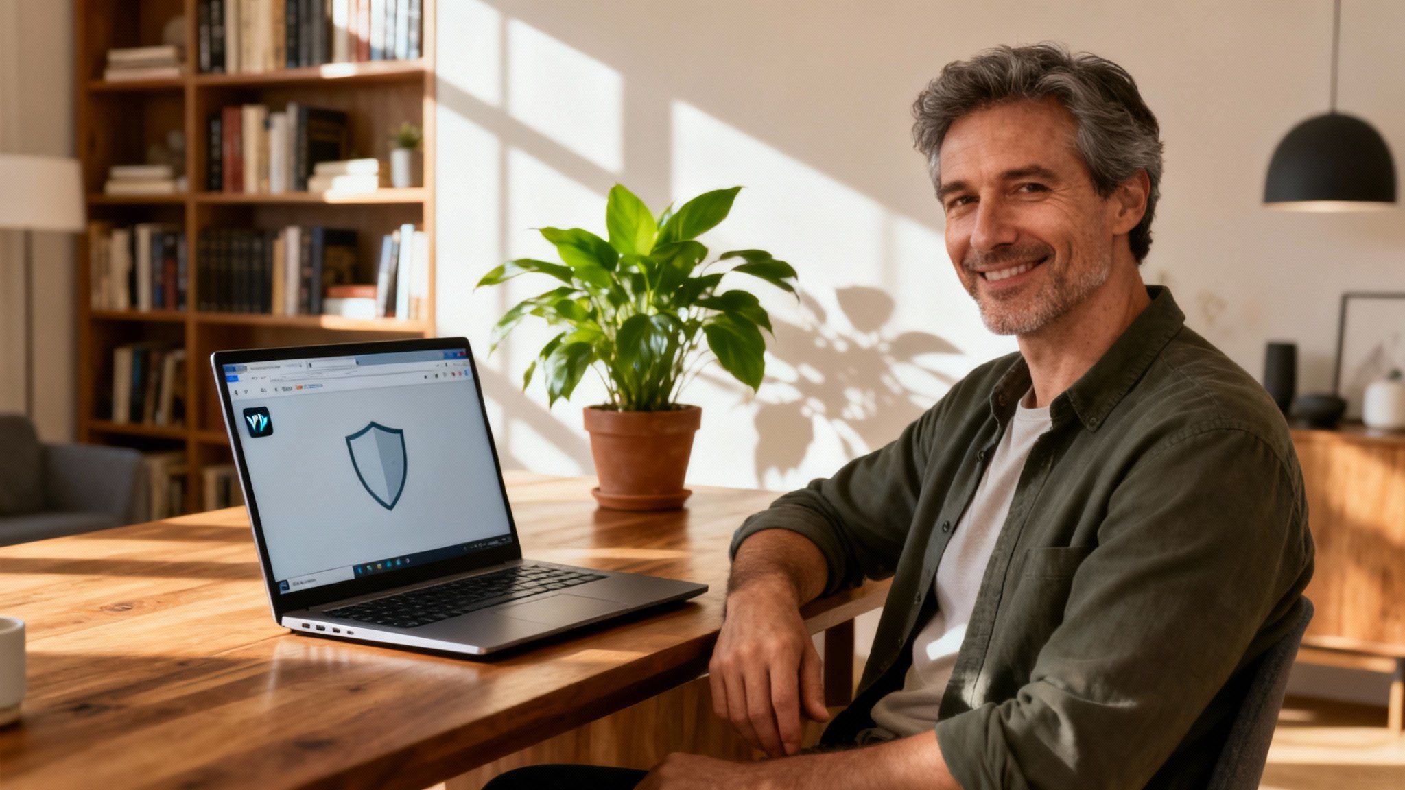 Person practicing safe adult website navigation with privacy tools and security best practices on laptop in home office