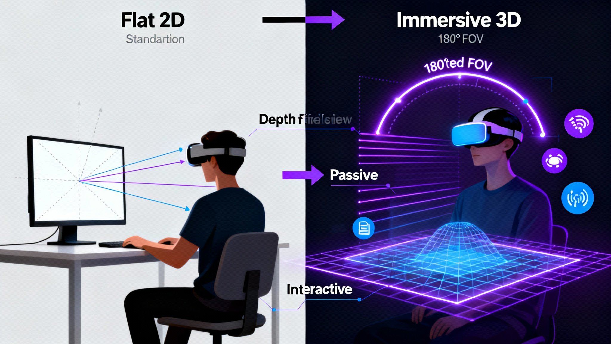 Visual comparison showing immersive VR adult experience versus traditional 2D content highlighting depth and presence benefits