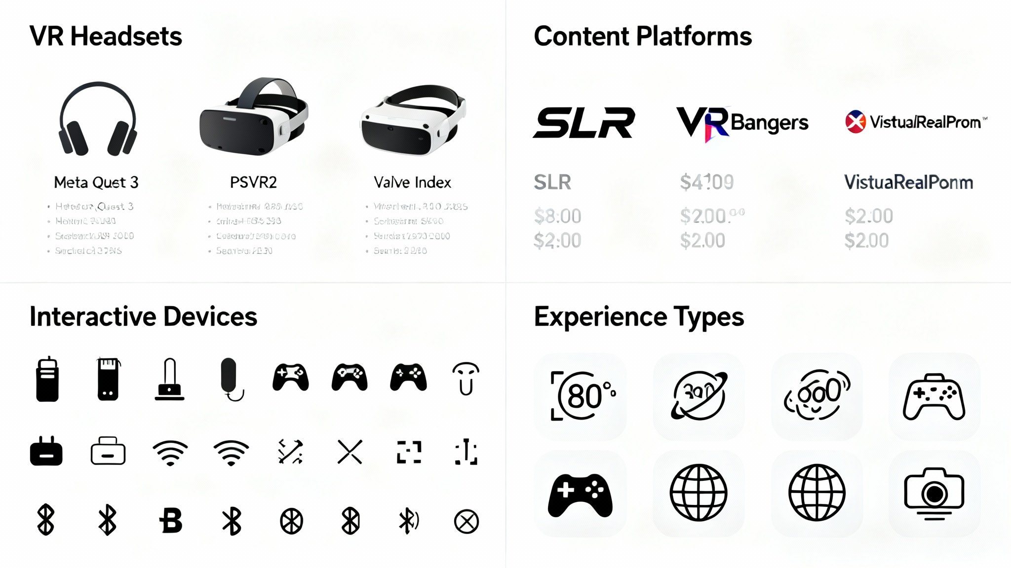 Comprehensive infographic comparing VR adult content platforms, compatible headsets, and interactive experience types for virtual reality porn
