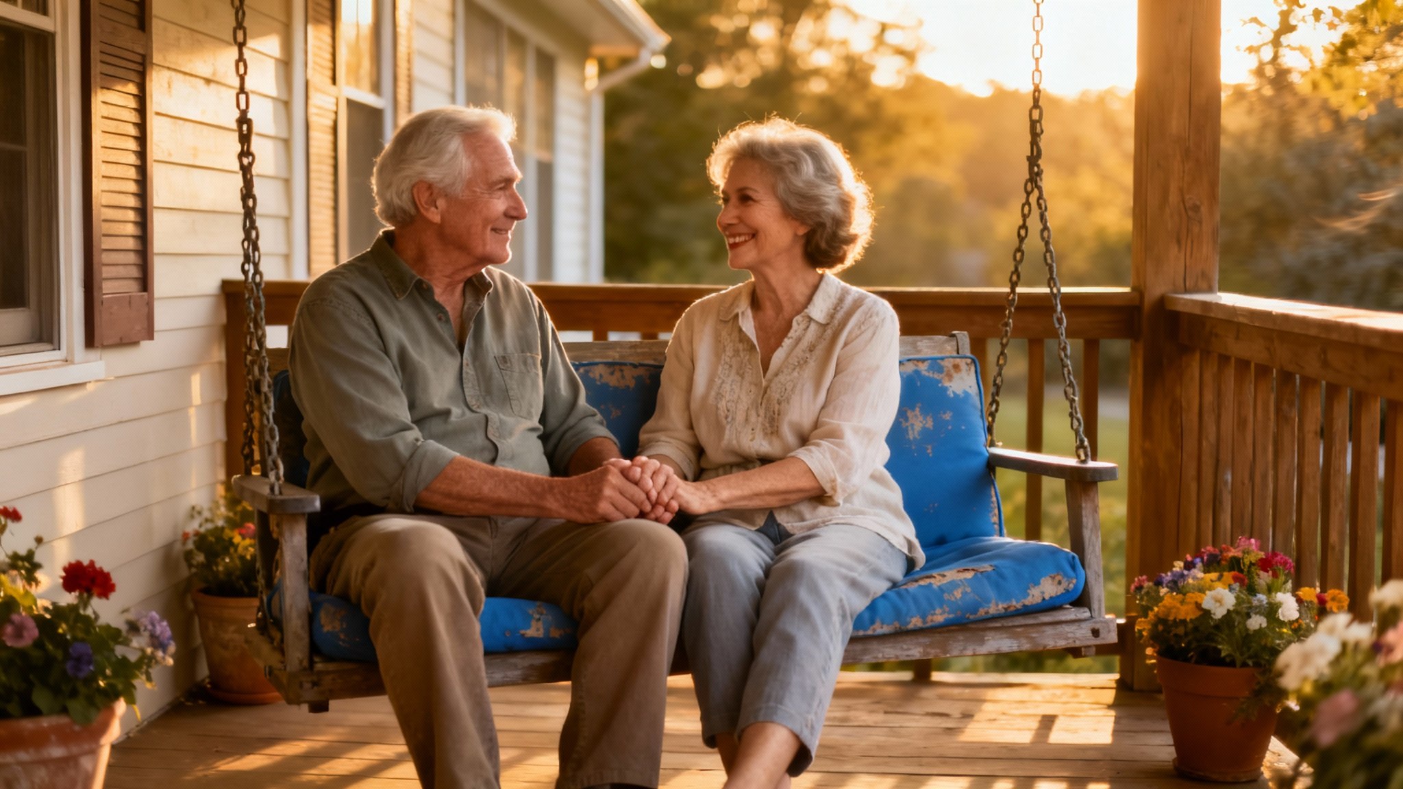An older, happy couple holding hands, symbolizing a secure and enduring lifelong love.
