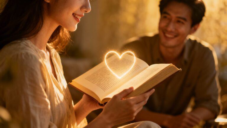A woman's hands holding a book with a glowing heart, representing learning how to be a good wife.