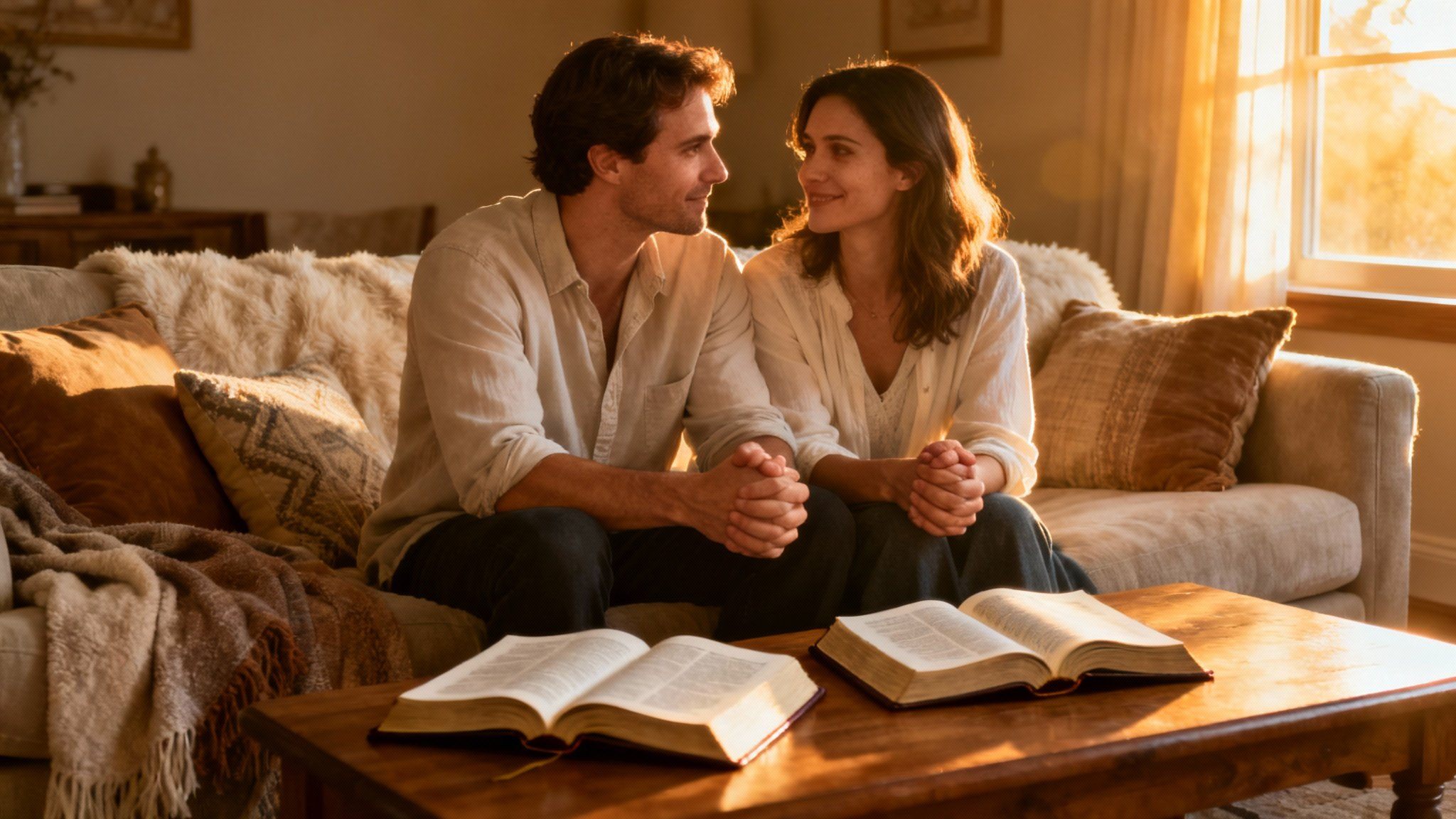 Christian couple practicing biblical communication tips, holding hands in conversation with open Bibles nearby