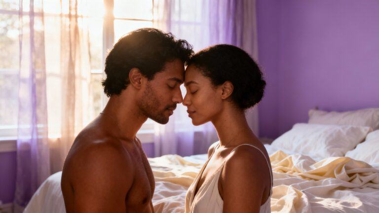 Intimate couple sharing tender moment with foreheads touching demonstrating emotional and physical connection for sexual pleasure and intimacy