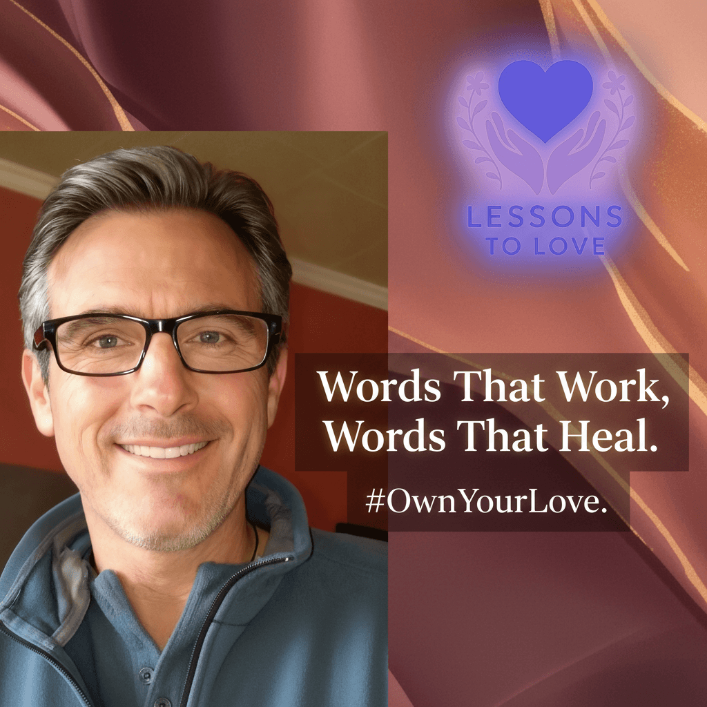 Author banner for relationship coach Robert Martin Lees, featuring his photo, the 'Lessons to Love' logo, and the text 'Words That Work, Words That Heal. #OwnYourLove.'
