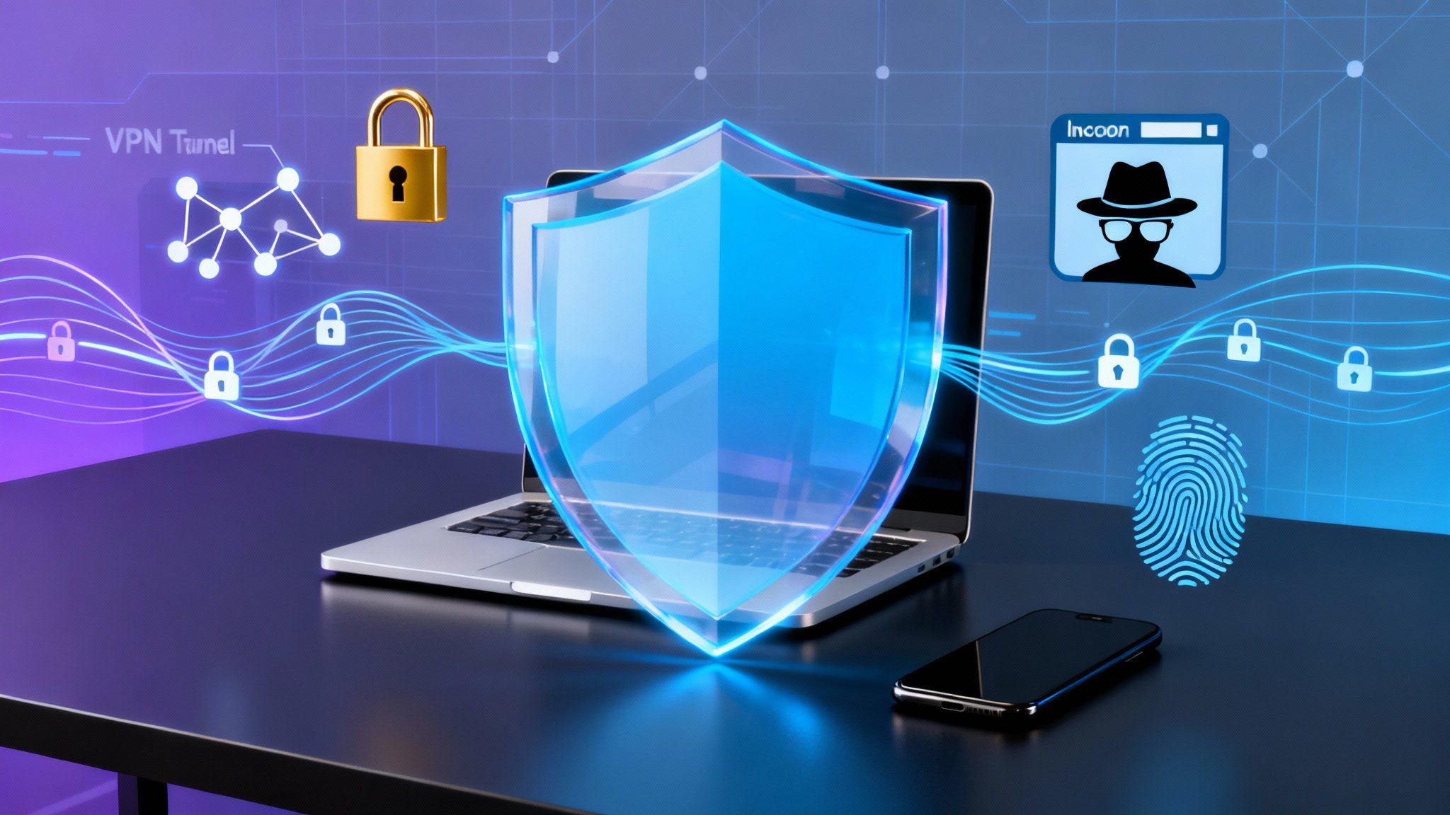 Digital privacy protection concept with shield overlay and security icons representing adult content privacy tools and safe navigation practices