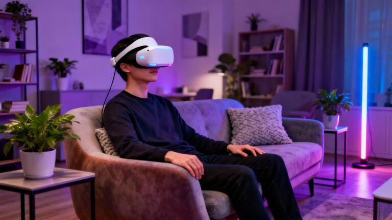 Person experiencing VR adult content with modern virtual reality headset in comfortable home environment representing best VR experiences 2025