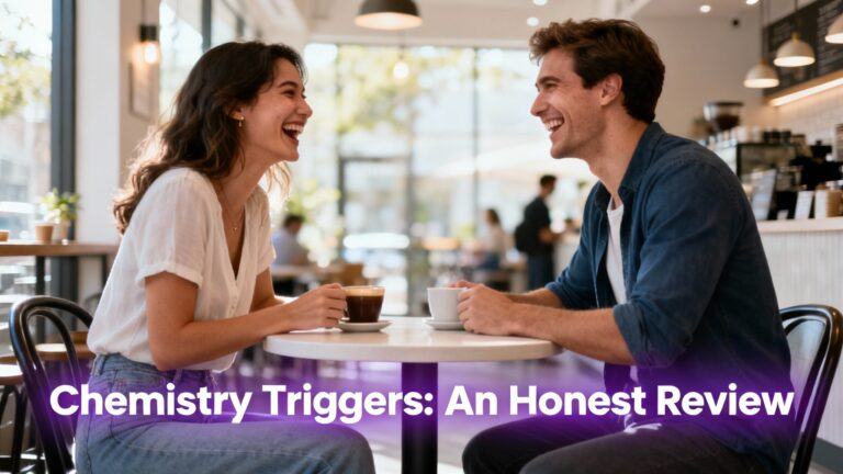 A man and woman smiling and connecting, representing the positive outcome of building real chemistry after reading a Chemistry Triggers review.