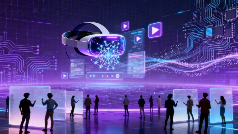 Futuristic digital landscape showing VR, AI, and streaming technology representing the future of adult entertainment industry trends