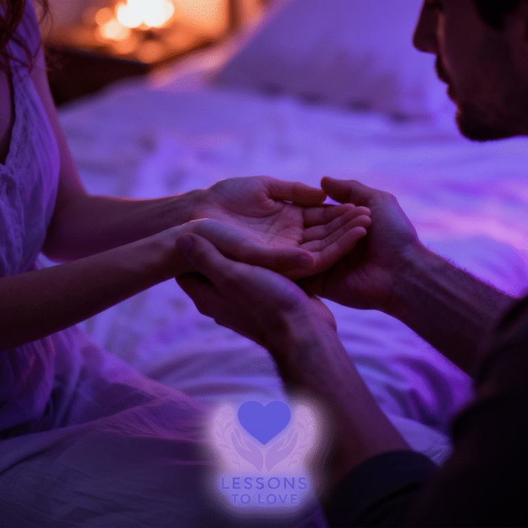 A man's hands gently holding his wife's hands in a softly lit, warm purple room, symbolizing safety and connection to please his wife in bed.