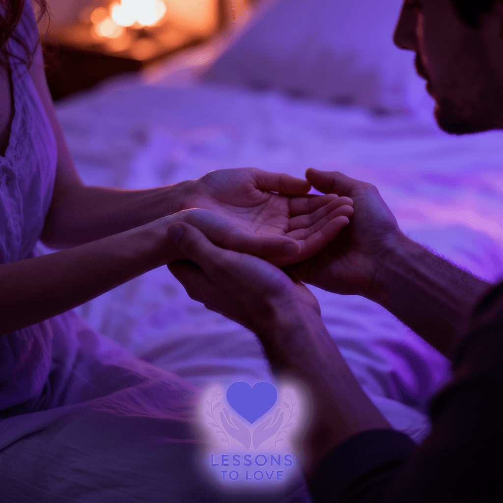 A man's hands gently holding his wife's hands in a softly lit, warm purple room, symbolizing safety and connection to please his wife in bed.